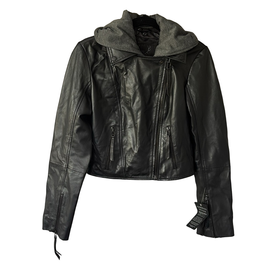 Bod & Christensen Alisson Black Leather Moto Jacket Removable Hoodie Size S NWT